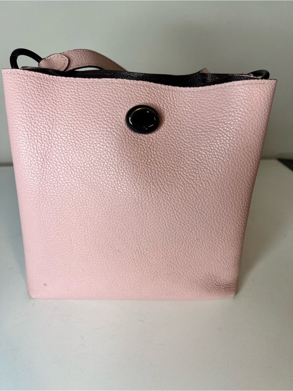 Coach Pink Pebbled Leather Shoulder Bag with Black Trim